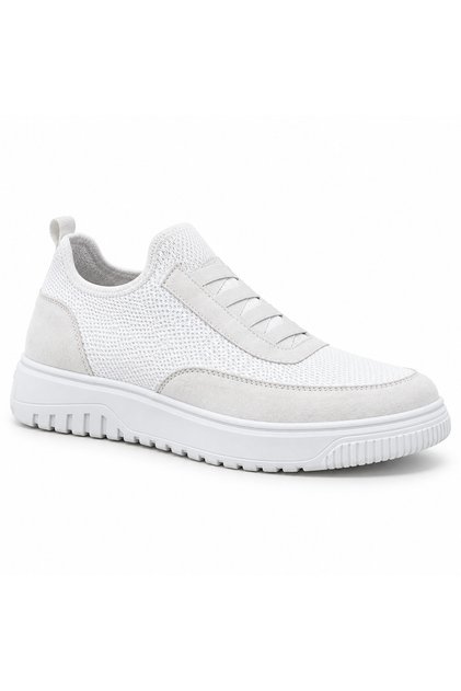 Ba0911 White Men's Sneaker - Special Knitted Knitwear, Breathable Leather, Powder Detail, Lightweight, Comfortable, Casual Sports Shoes