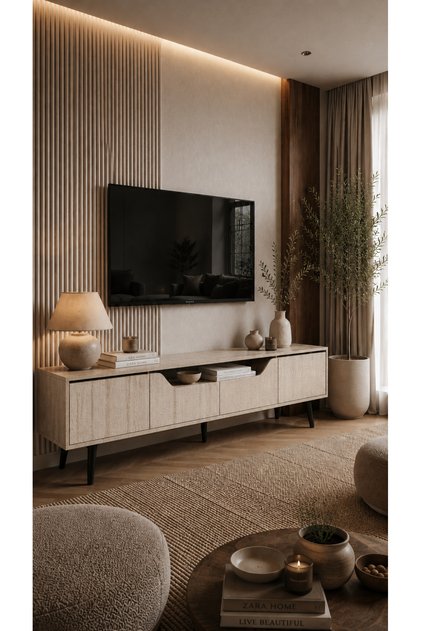 Roma Ahşap Ayaklı Tv Ünitesi Tv Sehpası-Traverten