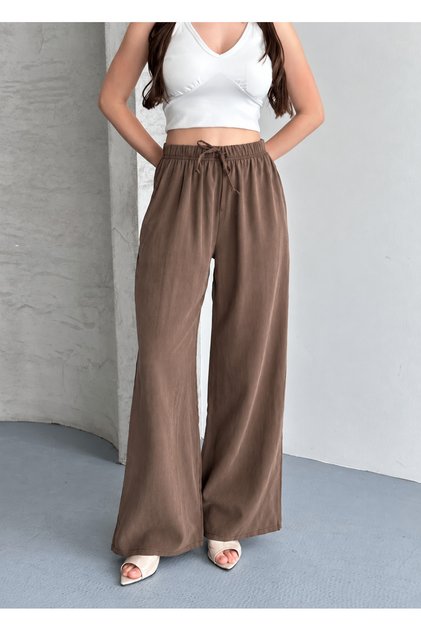 Women's tencel fabric high waist loose leg elastic waist loose pants