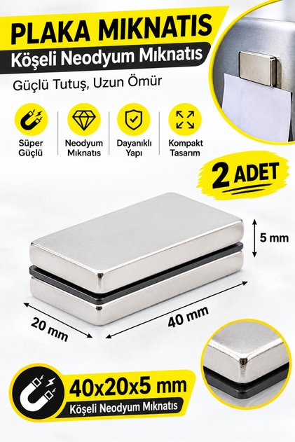 Plaka Mıknatısı, Köşeli Neodyum Mıknatıs, 40x20x5 Mm, Süper Güçlü Magnet - 2 Adet
