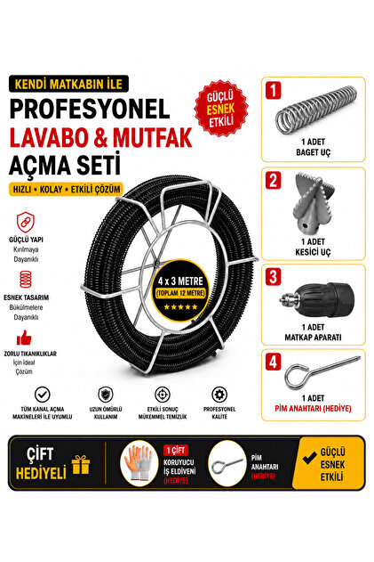 Matkap ile Lavabo Gider Açma Seti 16 mm 12 Metre Kanal Açma Yayı | Mutfak Banyo Gider Temizleme Spirali + Baget Uç + Kesici Uç + Matkap Aparatı