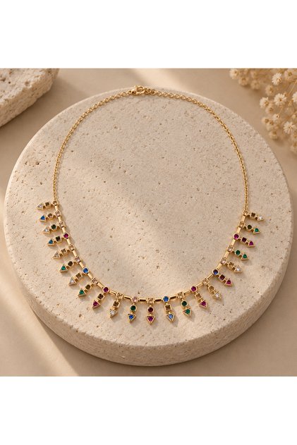 Prism Colorful Stone Elegant Brass Gold Women's Necklace