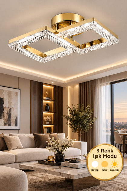 Aria Model 2"li Gold 3 Renk Modu Ledli Modern Tavana sıfır Salon Mutfak Çocuk Yatak Odası Led Avize