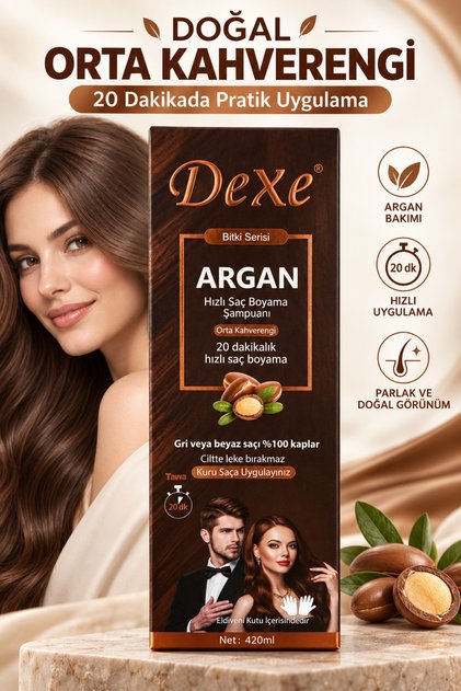 Argan Özlü Orta Kahverengi Saç Boyama Şampuanı 420 ml – 20 Dakikada %100 Beyaz Kapatma