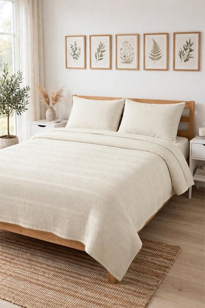 %100 Pamuk Dual Çift Kişilik Pike Takımı | 200x230 Pike + 160x200 Lastikli Çarşaf + 2 Yastık Kılıfı