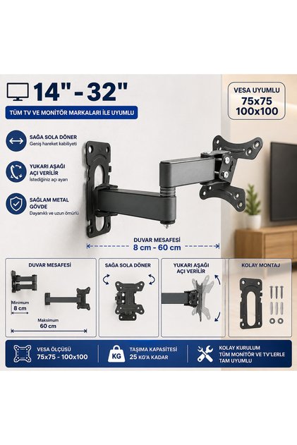 Hareketli TV duvar askısı - 13-27 inç monitör ekran televizyon askısı - VESA 75x75 100x100