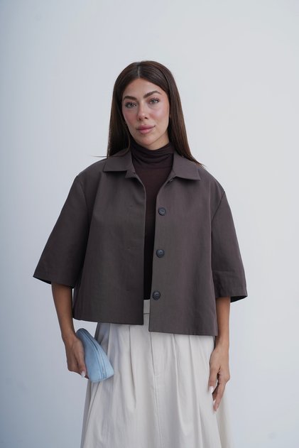 Women's Dark Brown Hidden Button Half Sleeve Jacket