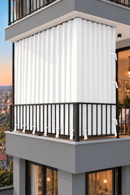 Balkon Perdesi Enxboy Seçenekli Bağcıklı Balkon Brandası Beyaz Ty801-2