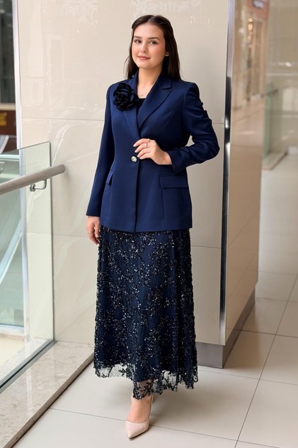 Double-Breasted Collar Jacket with Sequin Embroidery and Skirt Evening Dress Set