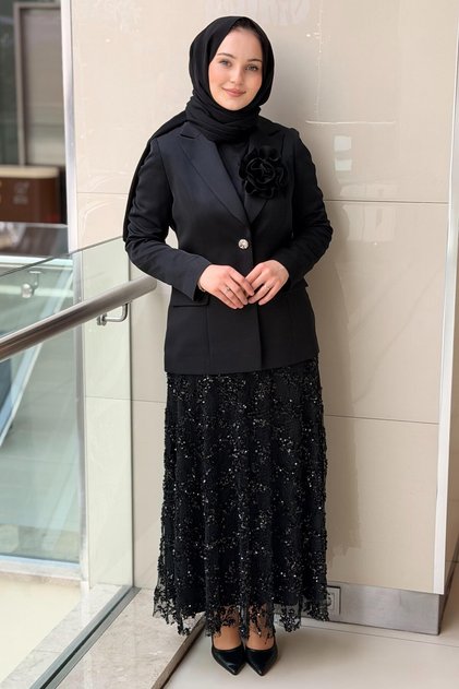 Double-Breasted Collar Jacket with Sequin Embroidery and Skirt Evening Dress Set
