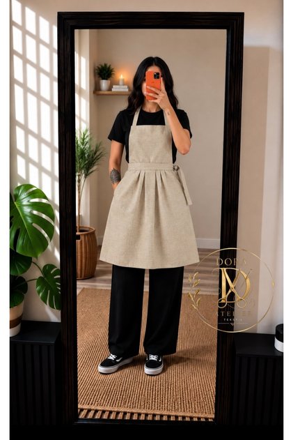 Kitchen & Chef Apron Self-Patterned Cream-Linen Beige《Duck Fabric》