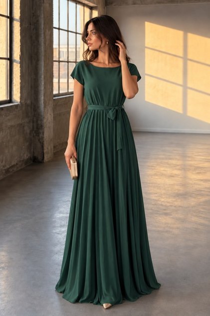 Rochie maxi plisată smarald cu curea 582931