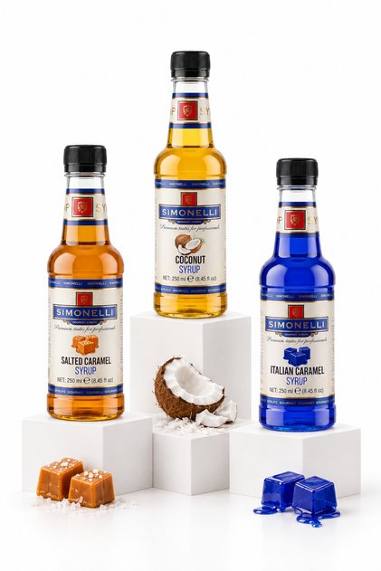 3'lü Kahve ve Kokteyl Şurubu Seti 250 ml (3x250 ml) - Tuzlu Karamel, Hindistan Cevizi ve İtalyan Karamel Aromalı İçecek Şurubu