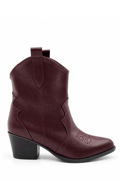 Shane Women's Burgundy Leather Embroidered Pointed Toe Thick Heeled Western Cowboy Boots 5.5 cm Heel
