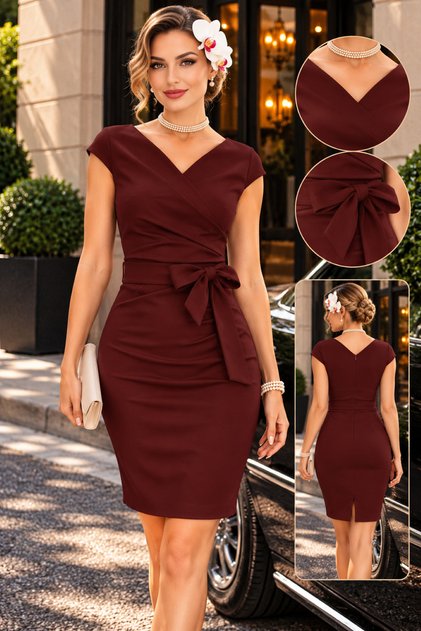 Rochie scurtă din crep importată cu mânecă scurtă și talie cu șnur