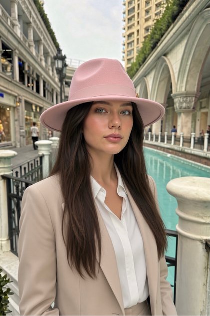Vintage Women's Pink Winter Fedora Hat | Wide Brim Felt Fedora