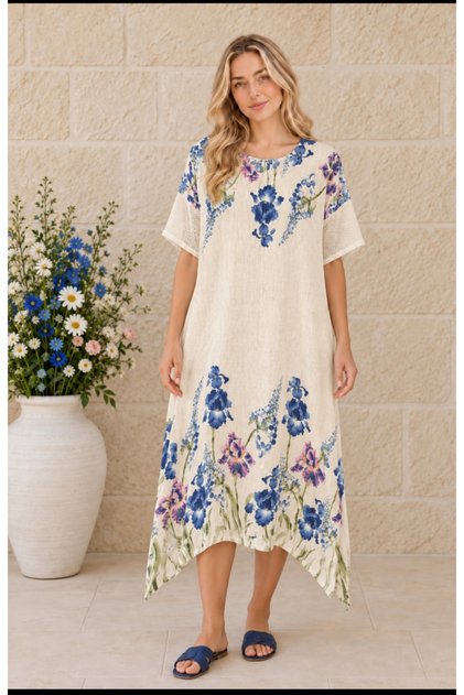 Italian Raw Linen Patterned Oversize Dress 42-52