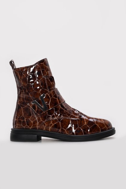 Genuine Leather and Fur Brown Crocodile Patent Leather Women's Classic Boots 238Kza126
