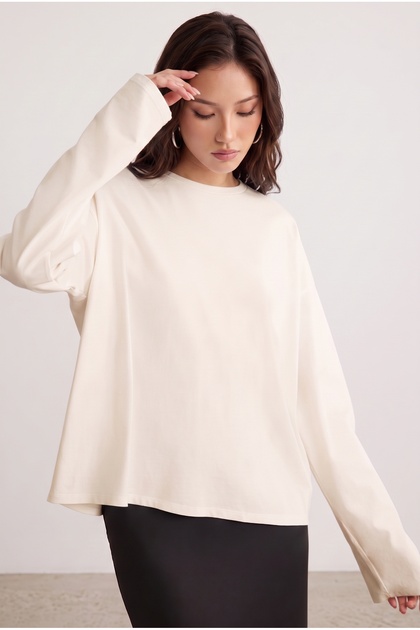 Women's Cream Sand T-Shirt Wide Sleeve Crew Neck Long Sleeve T-Shirt