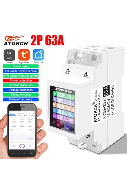 63A ATORCH 2P 63A Tuya WIFI Smart Switch Circuit Breaker Energy Meter KWh Power Metering Timer Relay