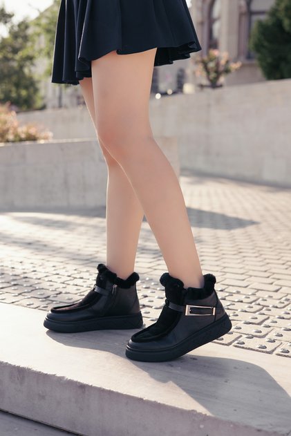 Genuine Leather Fur Black Floter Black Suede Women's Thick Sole Boots 393Kza01