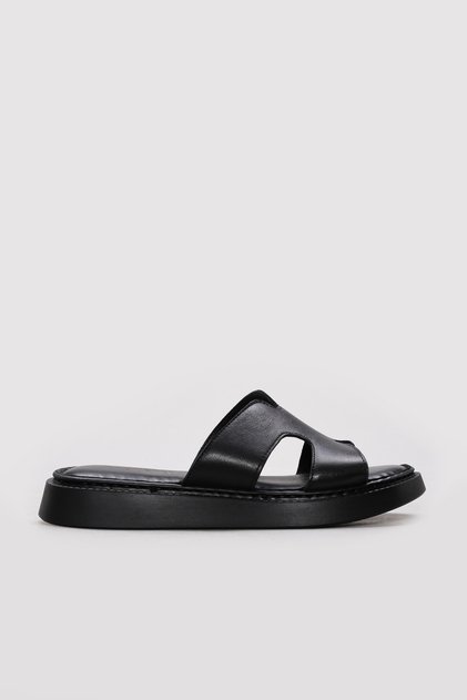 Genuine Leather Black Women's Flat Slippers 621Za858