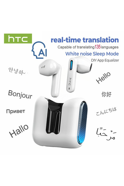 White AI HTC NE49 TWS Wireless Earbuds Bluetooth AI Translator ENC Noise Cancelling 40H Battery Touc