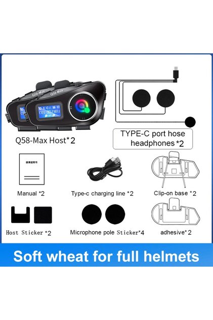 Q58 Max Soft 2PCS Q58 Max Motorcycle Helmet Bluetooth Intercom IP65 Waterproof Intercom Distance 50