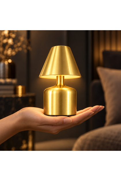 Şarj Edilebilir LED Masa Lambası, Dokunmatik 3 Renk Modlu, Kablosuz Metal Abajur, USB Şarjlı Komodin Gece Lambası, Yatak Odası Salon Masaüstü Aydınlatma, Altın Renk, NRN3202-2