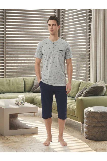Men's Pajama Set 100% Cotton Buttoned Collar Pocket Detailed Patterned Short Sleeve Capri Bottom-Top Set