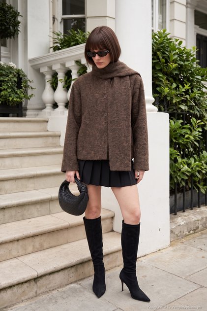 Detachable Shawl Detailed Buttoned Textured Short Coat Women's Coat 6810429