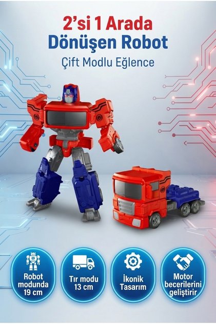 Dönüşebilen 2'si 1 Arada Robot Tırım! Form Değiştirebilen Eklemleri Hareketli 19cm Oyuncak Robot