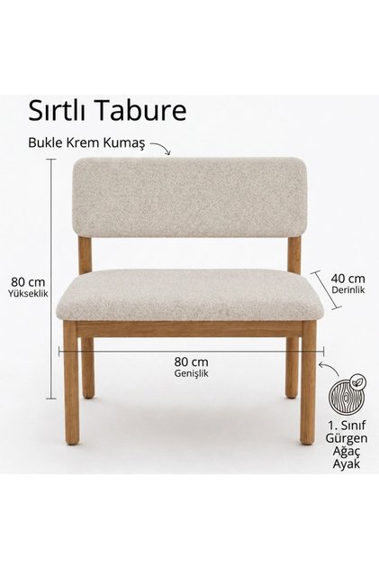 Nuu Minimal Sırtlı Bench 1. Sınıf Gürgen Ahşap ayak, Puf Bench Tabure, Buklu Kumaş