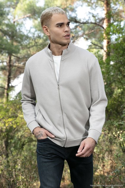 Cotton Relaxed Fit Stand Collar Zippered Cardigan Men's Cardigan 5901075
