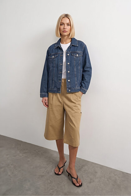 Women's Blue 100% Cotton Shirt Collar Oversize Jean Jacket