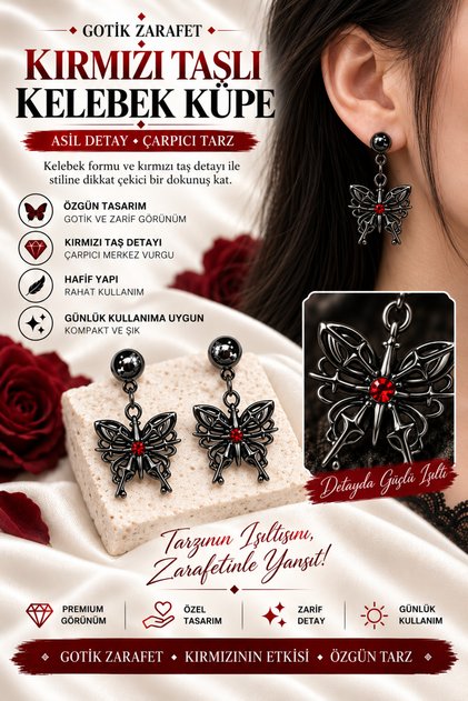 Women's Gothic Butterfly Figured Green Stone Detailed Dangle Earrings