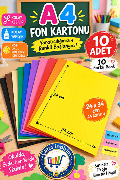 A4 Boyutu Renkli Fon Kartonu 10 Farklı Renk 23 X 34 Cm Eğitici Etkinlik Kartonu