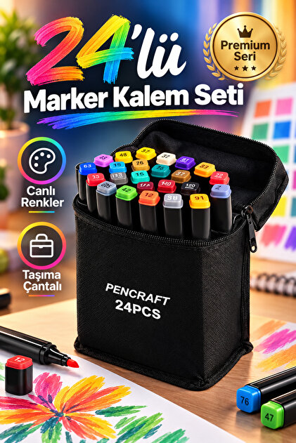 Pencraft Marker Boyama Kalemi 24 Lü Set – Çift Uçlu Profesyonel Çizim Kalemleri