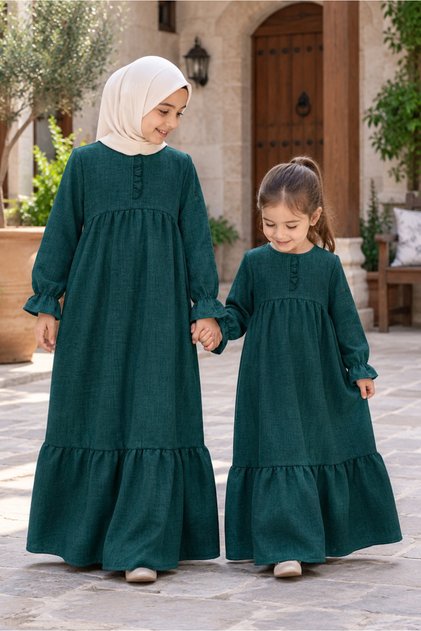 Girl's Linen Dress - Mihri Model Long Hijab Dress Emerald