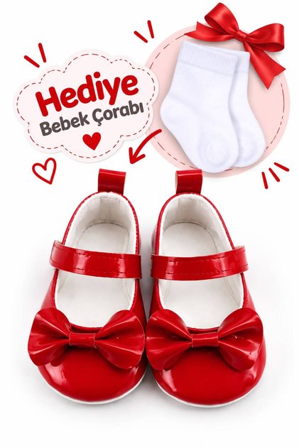 Bebek İlk Adım Ayakkabısı Parlak Deri Ortopedik Kaydırmaz Alt Taban Fiyonklu Cırtlı Fer Model