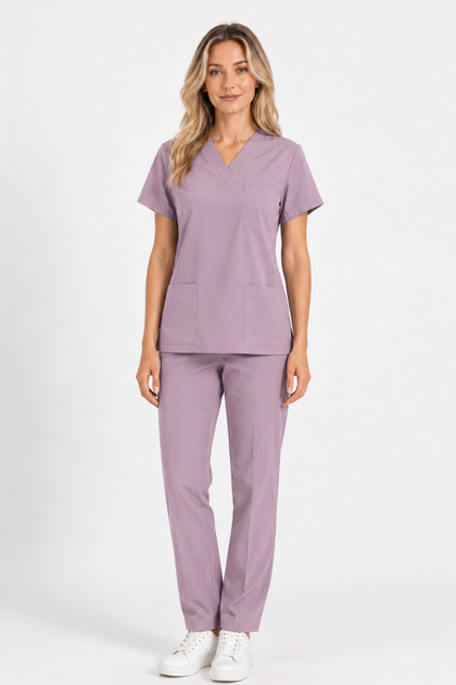 Unisex Likralı Hemşire Doktor Forma Takımı Terletmeyen Kumaş Scrubs Hastane Üniforması Lila