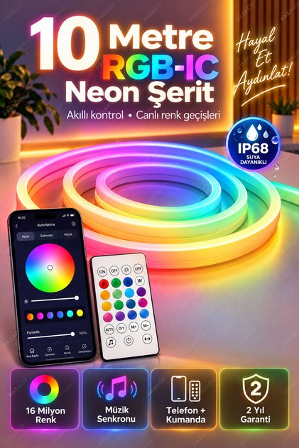 10 Metre 5V RGB Akıllı Neon LED Şerit - Müzik Senkronizasyonlu, Bluetooth Uygulama ve Kumanda Kontrollü, IP68 Su Geçirmez, 99+ Dinamik Modlu Esnek Dekoratif Aydınlatma Seti
