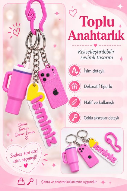 Kişiye Özel İsimli Toplu Anahtarlık Çoklu Aksesuarlı Dekoratif Çanta ve Anahtar Süsü