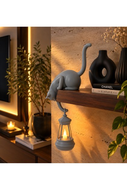 Modern & Şık - Minimalist Kedi Tasarımlı Dekoratif Raf Lambası – Gece Lambası