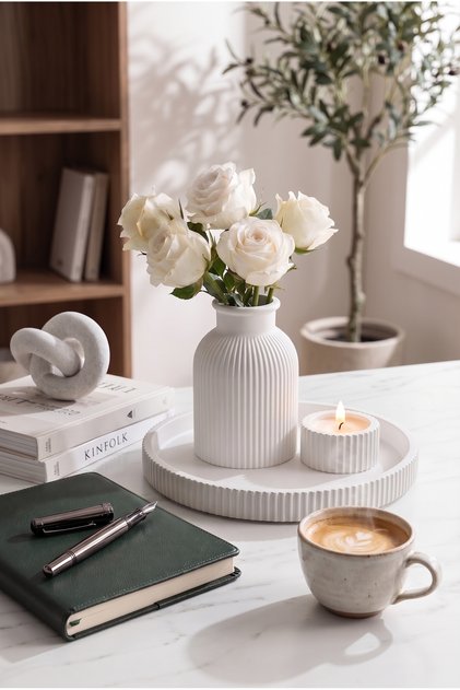 Senfoni Vazo Dekoratif Set - Modern Minimalist Estetik Tasarım Dekoratif Set - Pilli Mum, Mumluk Ve Tepsi Dahil Ev Ofis Salon Dekorasyonu İçin Şık Kompozisyon - Ahenk Tasarım