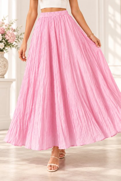 Women's Pink Gathered Crinkle Linen Textured Bohemian Pinterest Long Skirt