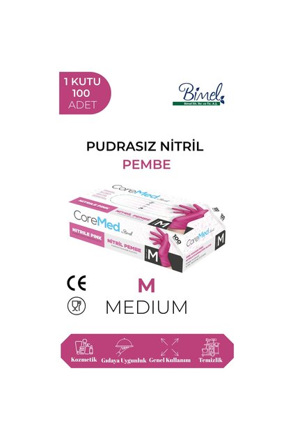 COREMED Nitril Pembe Muayene Eldiveni M - 1 Paket 100 lü