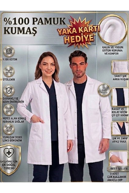 Long Sleeve White Unisex Bib with Apaş Collar (Nurse Doctor Physician Pharmacist Veterinary Laboratory Workers Teachers Medical Students Bib)