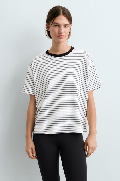 Çizgili pamuk karışımlı kısa kollu T-shirt