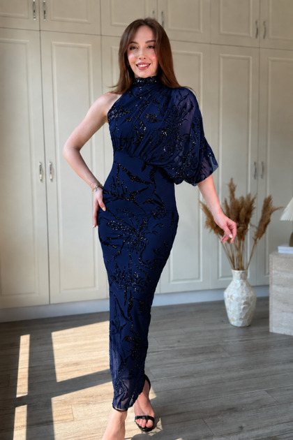 One-Shoulder Halter Neck Draped Elegant Shimmering Maxi Tulle Navy Blue Dress